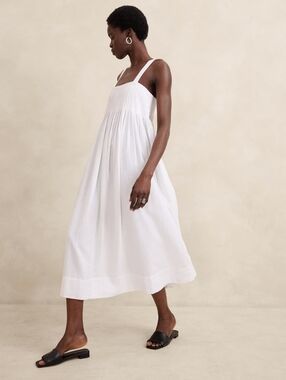 Banana Republic Linen-Blend Drapey White Smocked A-Line Midi Dress NWOT Sz S